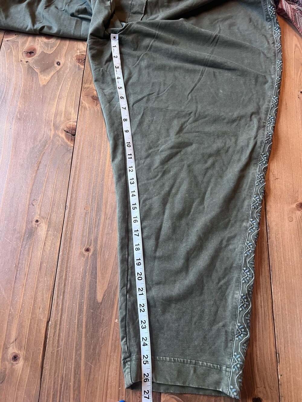 J.Jill Women's Olive Green Drawstring Cotton Pants with Embroidered Side Stripe, - Picture 6 of 7